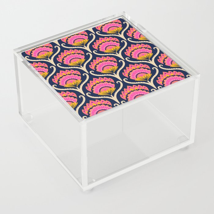 Bright ethnic ogee flame floral  - Hot pink, marigold and papaya orange on midnight blue Acrylic Box