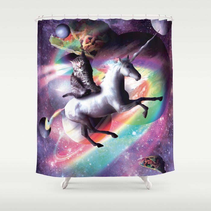 Laser Tacos And Rainbow Shower Curtain, Space Kitty Shower Curtain