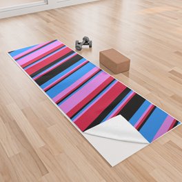 [ Thumbnail: Crimson, Violet, Blue & Black Colored Lines/Stripes Pattern Yoga Towel ]