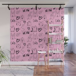 Pink cartoon cat pattern Wall Mural