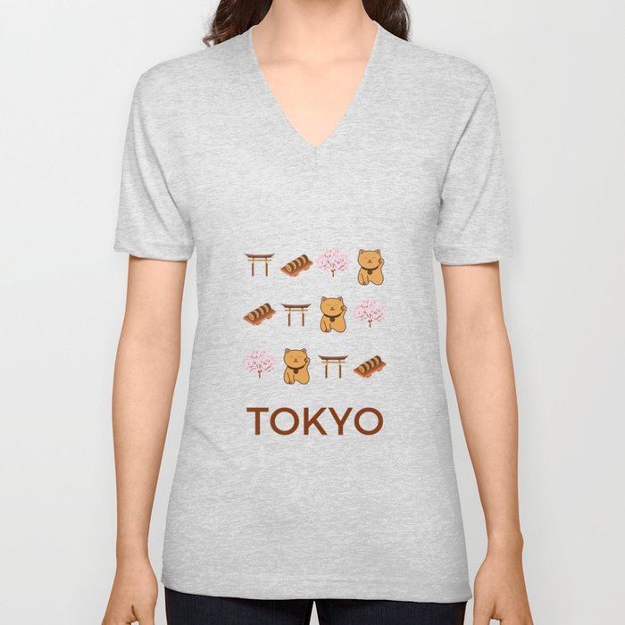 Tokyo Retro Illustration Art Vacations Boho Decor Modern Decor Beige Tones V Neck T Shirt