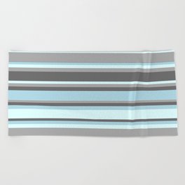 [ Thumbnail: Dark Gray, Dim Gray, Light Blue & Light Cyan Colored Stripes Pattern Beach Towel ]