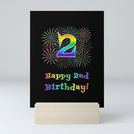 [ Thumbnail: 2nd Birthday - Fun Rainbow Spectrum Gradient Pattern Text, Bursting Fireworks Inspired Background Mini Art Print ]