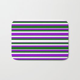 [ Thumbnail: Dark Green, White & Dark Violet Colored Lined Pattern Bath Mat ]
