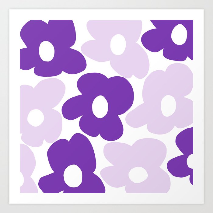 Large Baby Purple And Bright Purple Retro Flowers on White Background #decor #society6 #buyart Art Print