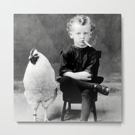 Smoking Boy with Chicken black and white photograph - photography - photographs Metal Print