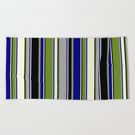 [ Thumbnail: Green, Dark Gray, Blue, Beige, and Black Colored Lined Pattern Beach Towel ]