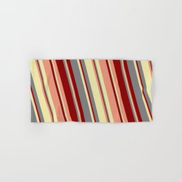 [ Thumbnail: Grey, Dark Red, Dark Salmon, and Pale Goldenrod Colored Striped Pattern Hand & Bath Towel ]