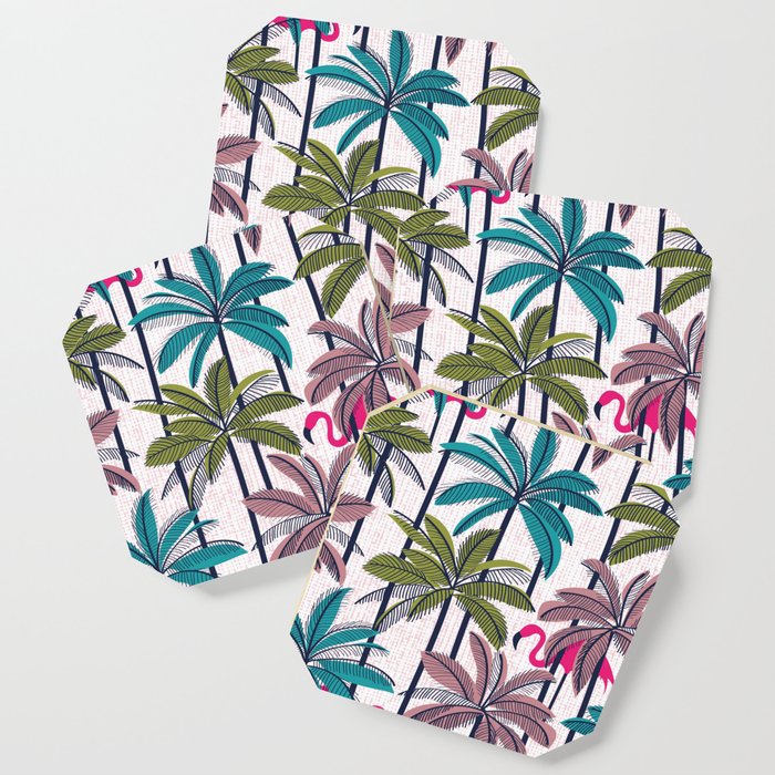 Retro vacation mode // white background highball green peacock blue and dry rose palm trees oxford navy blue lines fuchsia pink flamingos Coaster