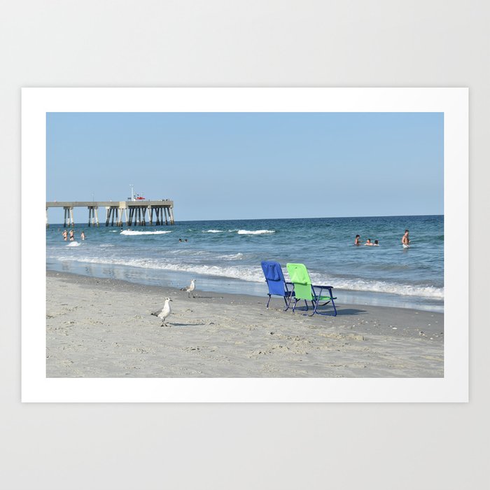 Gulls and Beach Chairs / Wrightsville Beach, NC Art Print