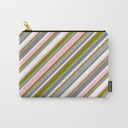 [ Thumbnail: Eye-catching Green, Dark Grey, Gray, White & Pink Colored Pattern of Stripes Carry-All Pouch ]