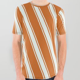 [ Thumbnail: Chocolate & Mint Cream Colored Lined Pattern All Over Graphic Tee ]