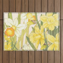 Vintage Floral Paper:  Spring Flowers on Shabby White -Daffodils Outdoor Rug