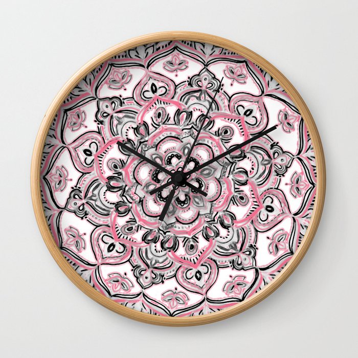 Magical Mandala in Monochrome + Pink Wall Clock