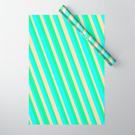 [ Thumbnail: Aqua, Tan, and Green Colored Striped/Lined Pattern Wrapping Paper ]