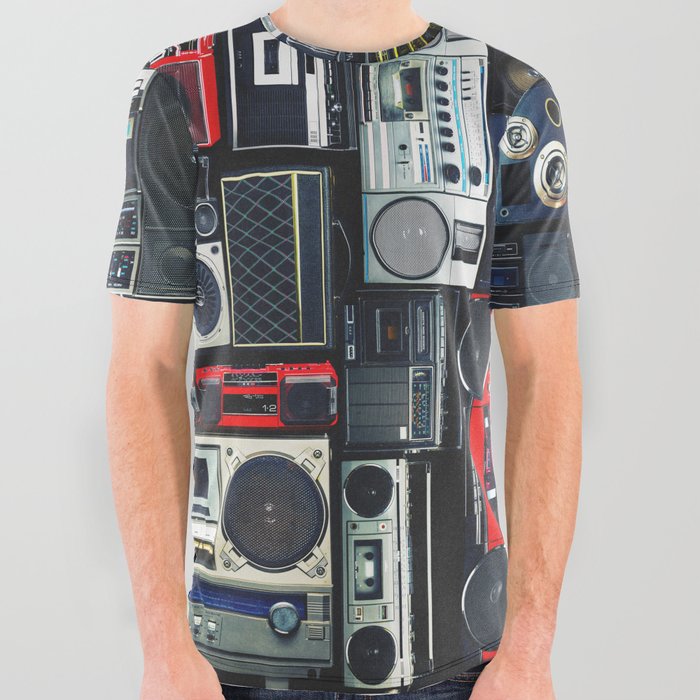 Retro Pop Eighties Boombox Radio Pattern All Over Graphic Tee