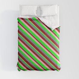 [ Thumbnail: Slate Gray, Dark Red, Light Pink, and Lime Colored Stripes/Lines Pattern Comforter ]