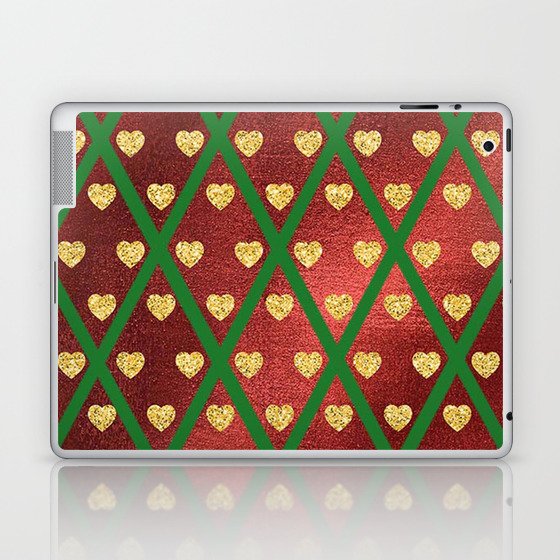 Gold Hearts on a Red Shiny Background with Green Crisscross Lines  Laptop & iPad Skin
