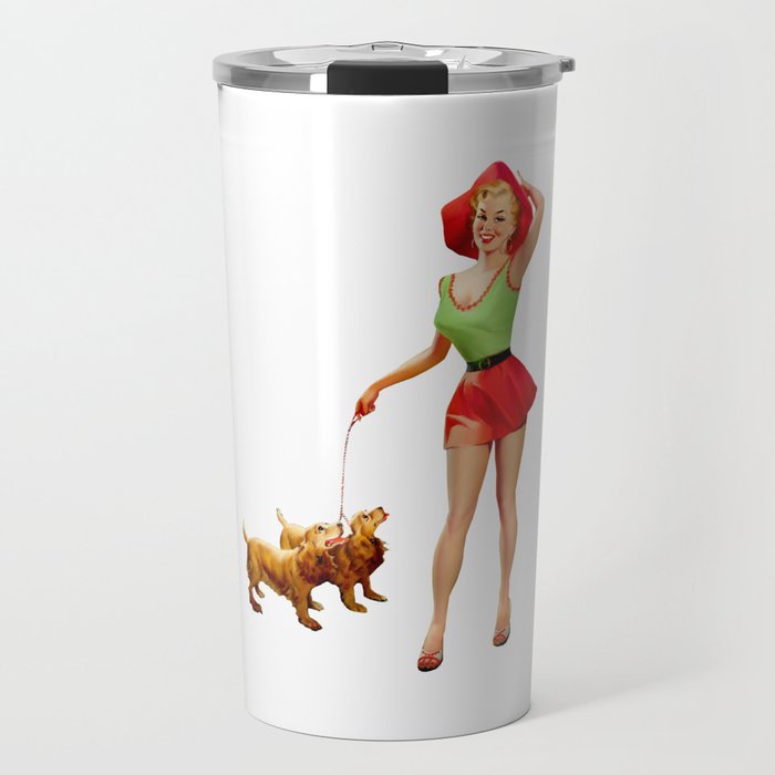 Sexy Blonde Pin Up With Green Dress Red Skirt And Two Dogs Travel Mug