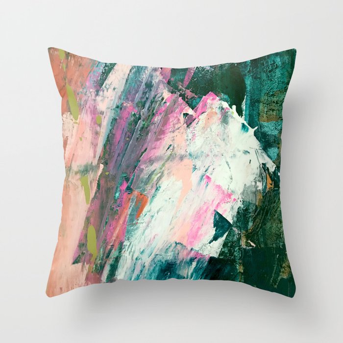 Meditate [2]: a vibrant, colorful abstract piece in bright green, teal, pink, orange, and white Throw Pillow