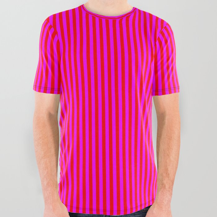 Red & Fuchsia Colored Stripes Pattern All Over Graphic Tee