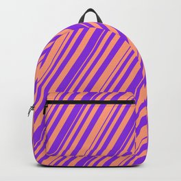 [ Thumbnail: Purple & Light Salmon Colored Striped/Lined Pattern Backpack ]