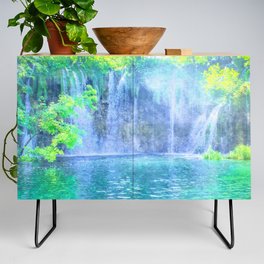 waterfall stream impressionism painted realistic scene Credenza