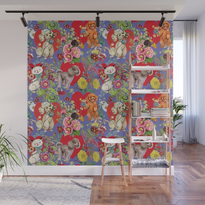 Poodle Dogs & Cats Celebrate Love with Flowers - Veri Peri  Wall Mural