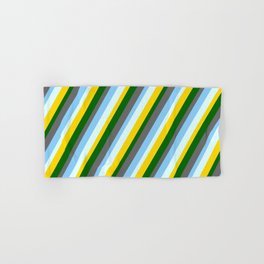 [ Thumbnail: Colorful Dark Green, Dim Gray, Light Sky Blue, Light Cyan, and Yellow Colored Pattern of Stripes Hand & Bath Towel ]