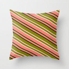 [ Thumbnail: Salmon, Black, Green, and White Colored Lines Pattern Throw Pillow ]