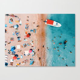 Aerial Beach Print, Summer Sea Waves, Aerial Ocean Waves Print, Aerial Beach Sea Print, Art Print, Blue Ocean, People and Beach Umbrellas Canvas Print