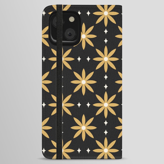 Star Flower Pattern Black and Gold iPhone Wallet Case