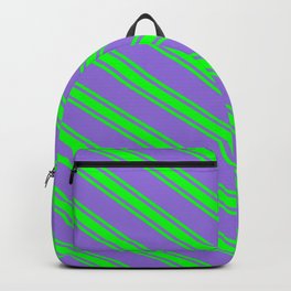 [ Thumbnail: Purple and Lime Colored Lines Pattern Backpack ]