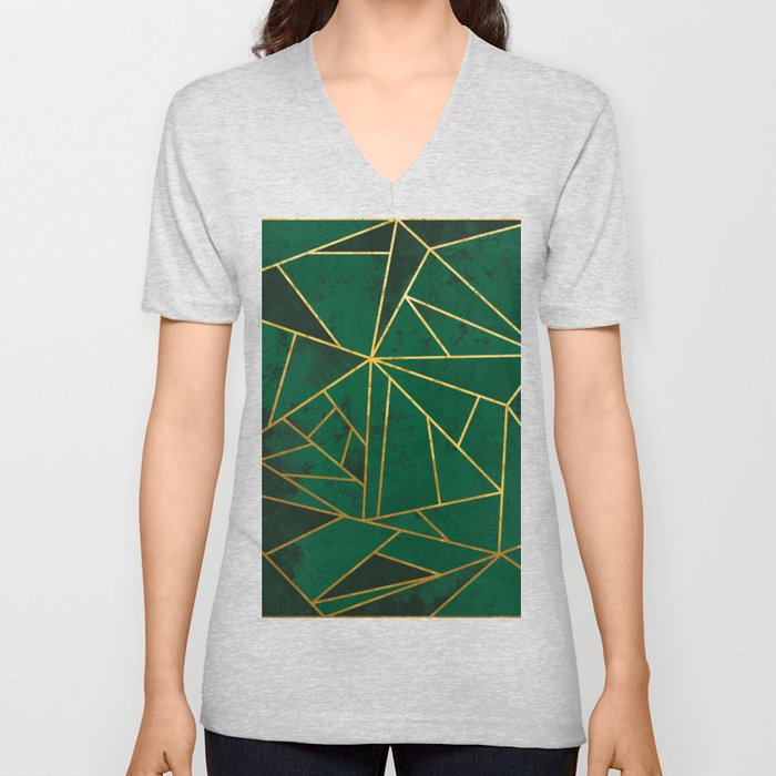 Emerald Green Modern Geometric Gold Lines V Neck T Shirt