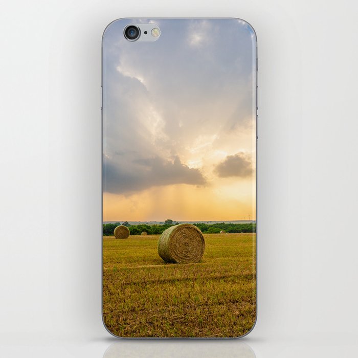 The Best of Times - Round Hay Bales Under a Stormy Sky Filled with Golden Sunlight in Oklahoma iPhone Skin