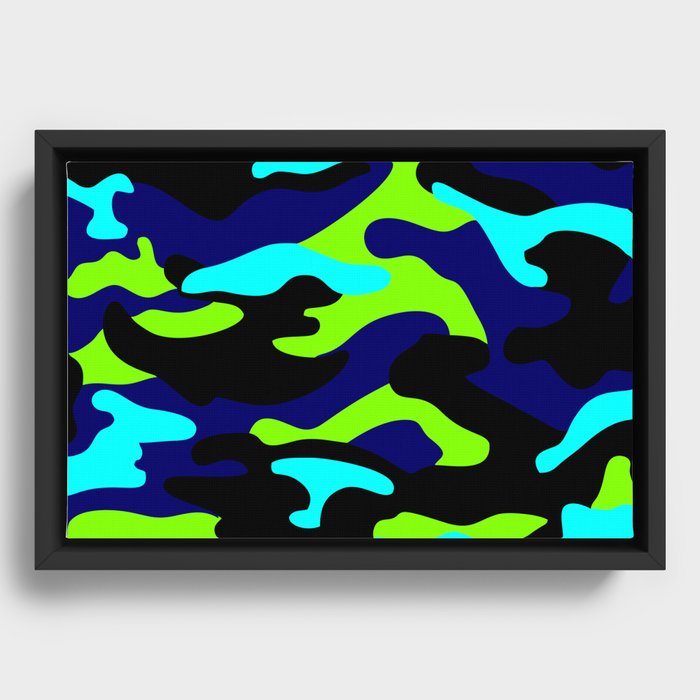Camouflage Pattern Neon Green Black Blue Navy Framed Canvas
