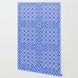 Cheerful Retro Modern Kitchen Tile Layered Pattern Delft Blue Wallpaper