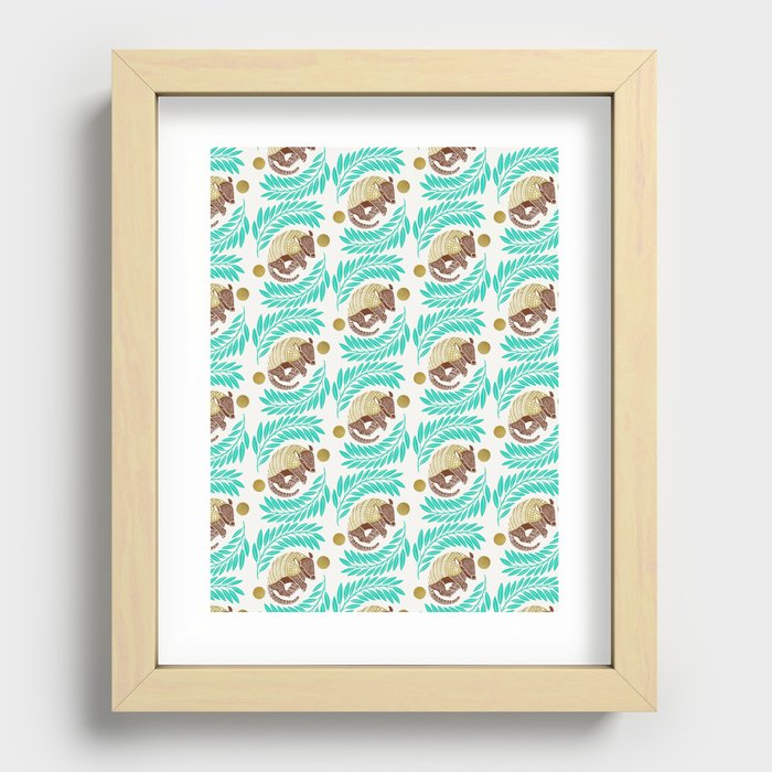 Sleepy Armadillo – Turquoise and Gold Pattern Recessed Framed Print