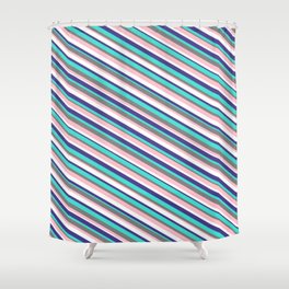 [ Thumbnail: Vibrant Gray, Pink, White, Dark Slate Blue & Turquoise Colored Striped Pattern Shower Curtain ]