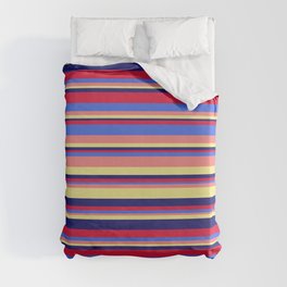 [ Thumbnail: Eye-catching Crimson, Royal Blue, Light Coral, Tan, and Midnight Blue Colored Striped/Lined Pattern Duvet Cover ]