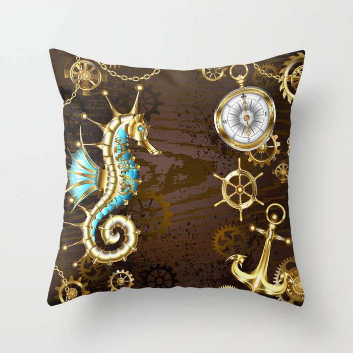 Wooden Background with Mechanical Seahorse ( Steampunk ) Throw Pillow