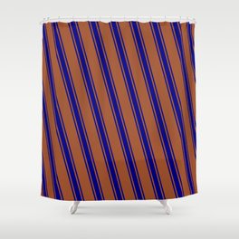 [ Thumbnail: Sienna and Blue Colored Lines/Stripes Pattern Shower Curtain ]