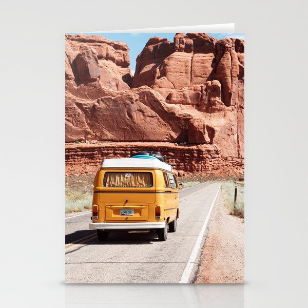 Red SouthWest Desert Roadtrip in Yellow V W Camper Van - USA Stationery Cards