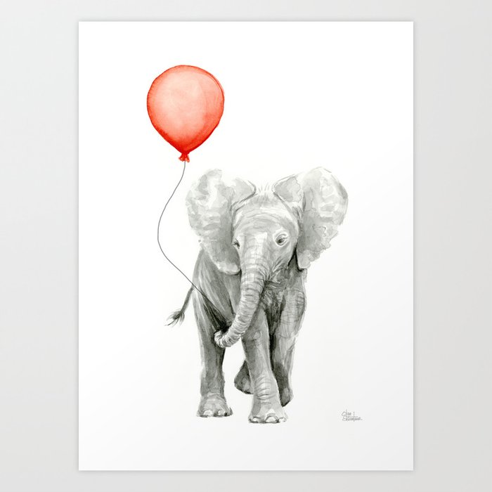 Baby Elephant Watercolor Red Balloon Nursery Decor Art Print