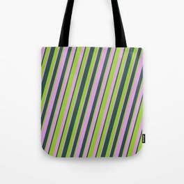 [ Thumbnail: Plum, Dark Slate Gray, and Green Colored Lines Pattern Tote Bag ]