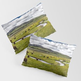 Yellowstone, Home on the range, American buffalo / bison grazing in spring fields of green river prairie landscape color photograph / photography Pillow Sham