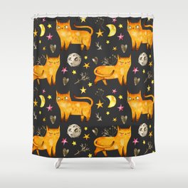 Valentine's day seamless pattern with cats, stars and moons. Watercolor night repeated pattern with cute cats. Shower Curtain