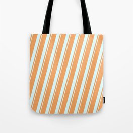 [ Thumbnail: Brown & Light Cyan Colored Lined/Striped Pattern Tote Bag ]