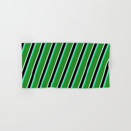 [ Thumbnail: Colorful Green, Forest Green, Light Cyan, Black & Grey Colored Lined Pattern Hand & Bath Towel ]