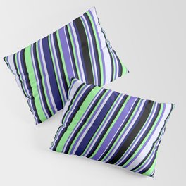 [ Thumbnail: Slate Blue, Lavender, Midnight Blue, Black & Green Colored Lines/Stripes Pattern Pillow Sham ]